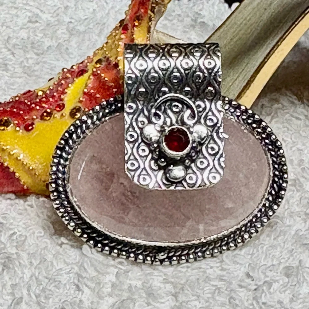 Elegant Sterling Silver and Rose Quartz and garnet  Gemstone Pendant - Picture 7 of 10